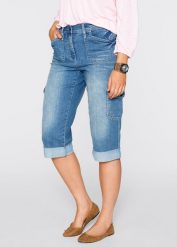 Dżinsy bojówki mid waist, ze stretchem. Niebieskie jeansy bonprix, bez wzorów, z jeansu. Za 127.99 zł.
