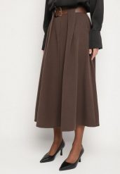 Brązowa Rozkloszowana Spódnica z Wiskozą Zdobiona Paskiem z Klamrą Tinevia. Brązowe spódnice Born2be, do pracy, uniwersalny, z aplikacjami, z wiskozy, biznesowe, midi, koszulowe. Za 109.99 zł.