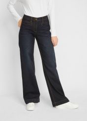 Jeansy wide leg, mid waist, z elastyczną wstawką w talii. Niebieskie jeansy bonprix, bez wzorów, z bawełny. Za 137.99 zł.