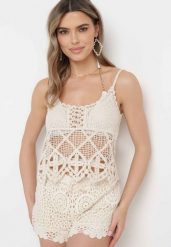 Beżowy Bawełniany Top Boho w Szydełkowym Stylu Janeila. Brązowe topy Born2be, z aplikacjami, z bawełny, boho, bez kołnierzyka, bez ramiączek. Za 99.99 zł.