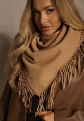 Brązowy Bawełniano-Wiskozowy Szalik w Kształcie Trójkąta z Frędzlami Vetisara. Brązowe szaliki i kominy Renee, bez wzorów, z bawełny. Za 39.99 zł.