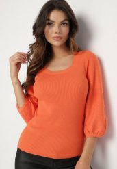 Pomarańczowy Sweter z Lekko Bufiastymi Rękawami o Długości 7/8 z Cyrkoniami Irissi. Brązowe swetry Born2be, na jesień, s, bez wzorów, z jeansu, eleganckie, bez ramiączek. W wyprzedaży za 63.74 zł.