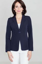 Elegancki Niebieski Żakiet na Jeden Guzik z wywijanym Mankietem. Niebieskie marynarki i żakiety Katrus, l, bez wzorów, z materiału, eleganckie, bez ramiączek. Za 249.00 zł.