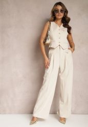 Beżowe Eleganckie Spodnie Garniturowe z Wysokim Stanem Lainiva. Brązowe jeansy Renee, l, bez wzorów, z jeansu, eleganckie, z podwyższonym stanem. W wyprzedaży za 119.99 zł.