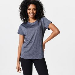Koszulka fitness damska Domyos krótki rękaw. Czarne t-shirty sportowe DOMYOS, l, bez wzorów, z elastanu, bez ramiączek, na fitness i siłownię. Za 34.99 zł.