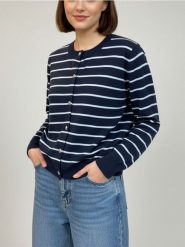 Kardigan z guzikami w paski - granatowy. Niebieskie swetry Sinsay, l, bez wzorów, bez ramiączek. Za 49.99 zł.