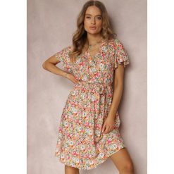 Pomarańczowo-Jasnozielona Sukienka z Wiskozy Savvogeus. Brązowe sukienki Renee, l, bez wzorów, z materiału, eleganckie, bez kołnierzyka, bez ramiączek, midi, kopertowe. W wyprzedaży za 63.99 zł.