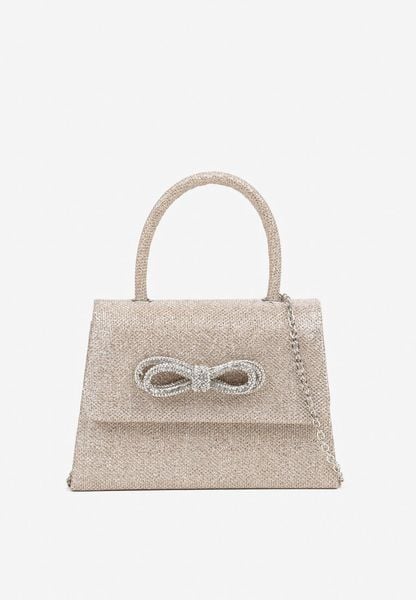 Szampańska Brokatowa Torebka Wieczorowa z Rączką Łańcuszkiem i Aplikacją z Kokardą Esslia. Żółte torebki klasyczne Born2be, z aplikacjami, z satyny, wizytowe, na ramię, małe, zdobione, bez dodatków. Za 49.99 zł.