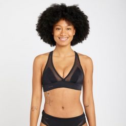 Góra kostiumu kąpielowego surfingowego damska Olaian Isa. Czarne bikini OLAIAN, w ażurowe wzory, z elastanu, sportowe. Za 99.99 zł.