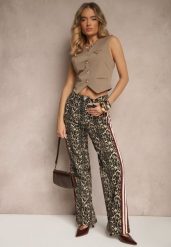Beżowo-Brązowe Szerokie Bawełniane Jeansy z Lampasami Anilora. Brązowe jeansy Renee, bez wzorów, z bawełny, glamour. W wyprzedaży za 111.99 zł.