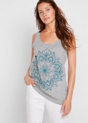 Tank top z lekkiego dżerseju. Szare topy bonprix, bez wzorów, z bawełny, bez kołnierzyka, bez ramiączek. Za 52.99 zł.