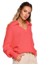 Sweter w Szpic z Kołnierzykiem - Brzoskwiniowy. Pomarańczowe swetry MOE, l, bez wzorów, z materiału, bez ramiączek. Za 228.90 zł.