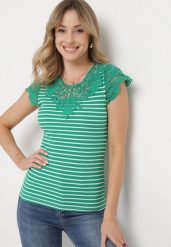 Zielony Bawełniany T-shirt z Prążkowanego Materiału z Koronkowym Dekoltem i Rękawkami Hyacintia. Zielone t-shirty Born2be, m, bez wzorów, z bawełny, bez kołnierzyka, bez ramiączek. Za 69.99 zł.