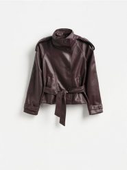 Kurtka z wiązaniem - burgundowy. Czerwone kurtki Reserved, l, bez wzorów, ze skóry, bez kaptura. Za 279.99 zł.