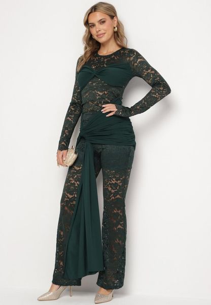 Zielony Koronkowy Komplet z Trenem Szerokie Spodnie i Bluzka z Długim Rękawem Tiradi. Zielone bluzki Born2be, l, z aplikacjami, z jeansu, bez kołnierzyka, bez ramiączek. Za 99.99 zł.