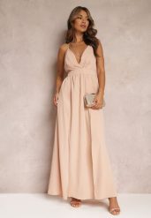 Beżowa Rozkloszowana Sukienka Maxi na Ramiączkach z Trójkątnym Dekoltem Claudi. Brązowe sukienki Renee, l, bez wzorów, z tkaniny, eleganckie, bez kołnierzyka, dla wysokich, bez ramiączek, maxi, rozkloszowane. W wyprzedaży za 99.99 zł.