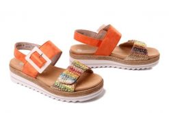 Rieker Remonte D0Q62-38 Pomarańczowy, sandały damskie. Brązowe sandały Rieker Remonte, bez wzorów, bez obcasa, na koturnie, bez zapięcia. Za 369.90 zł.