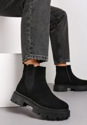 Czarne Botki Sztyblety z Ekozamszu na Grubej Podeszwie Liraelia. Czarne botki Renee, bez wzorów, z dzianiny, eleganckie, za kostkę, bez obcasa, na platformie, bez zapięcia. Za 109.99 zł.