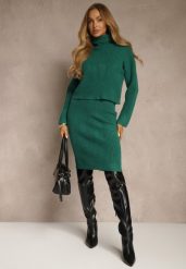 Zielony Dzianinowy Komplet z Bawełną i Wełną Dopasowana Sukienka i Golf Reinissa. Zielone swetry Renee, bez wzorów, z bawełny, eleganckie, bez ramiączek. Za 119.99 zł.