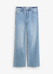 Jeansy wide leg, wysoki stan. Niebieskie jeansy bonprix, bez wzorów, z jeansu, z podwyższonym stanem. Za 122.99 zł.
