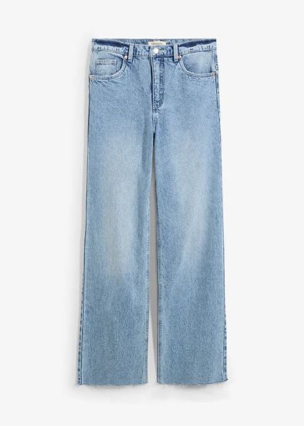 Jeansy wide leg, wysoki stan. Niebieskie jeansy bonprix, bez wzorów, z jeansu, z podwyższonym stanem. Za 124.99 zł.