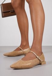 Ciemnobeżowe Balerinki Vices w Stylu Mary Jane z Wkładką ze Skóry Naturalnej Emilane. Brązowe baleriny Renee, bez wzorów, z jeansu, ze szpiczastym noskiem, bez obcasa, bez zapięcia. Za 79.99 zł.