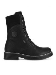 Rieker Botki 70048-01 Czarny. Czarne botki Rieker, bez wzorów, bez obcasa, na płaskiej podeszwie, bez zapięcia. Za 343.99 zł.