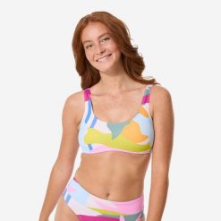 Góra kostiumu kąpielowego surfingowego damska Decathlon Aurely Colorama. Czerwone bikini Decathlon, bez wzorów, z elastanu, klasyczne. Za 69.99 zł.
