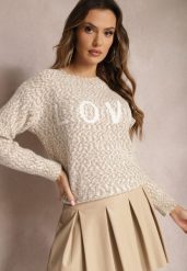Beżowy Sweter z Ozdobnym Napisem Wykończony Ściągaczami Minisoji. Brązowe swetry Renee, l, bez wzorów, z elastanu, casualowe, bez ramiączek. W wyprzedaży za 87.99 zł.