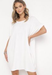 Biała Mini Sukienka z Krótkim Rękawem o Fasonie Nietoperza Kharson. Białe sukienki Born2be, bez wzorów, boho, bez kołnierzyka, bez ramiączek, mini. W wyprzedaży za 59.49 zł.