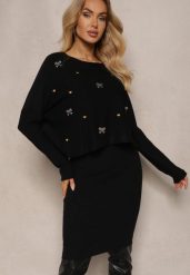 Czarny Dzianinowy Komplet z Wiskozą Sukienka o Dopasowanym Kroju i Sweter z Cyrkoniami Norathra. Czarne swetry Renee, m, z aplikacjami, z dzianiny, eleganckie, bez ramiączek. W wyprzedaży za 103.99 zł.