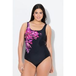 Damskie Kostium kąpielowy kwiaty bez miękkich miseczek okrągły dekolt. Czarne stroje jednoczęściowe Ulla Popken, bez wzorów, z elastanu, sportowe. Za 199.99 zł.