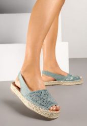 Niebieskie Sandały w Stylu Espadryli z Cyrkoniami na Podeszwie z Plecionki Neorwena. Niebieskie sandały Renee, bez wzorów, eleganckie, bez obcasa, na płaskiej podeszwie, bez zapięcia. Za 79.99 zł.