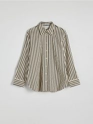 Bawełniana koszula w paski - beżowy. Brązowe koszule Reserved, l, bez wzorów, z bawełny, bez kołnierzyka, bez ramiączek. W wyprzedaży za 59.99 zł.