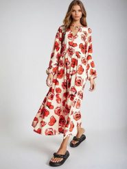 Monki Sukienka w kolorze kremowo-czerwonym rozmiar: XS. Brązowe sukienki Monki, xs, bez wzorów, z wiskozy, bez kołnierzyka, bez ramiączek, maxi. Za 43.99 zł.