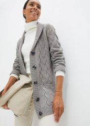 Sweter rozpinany z szalowym kołnierzem i wzorem w warkocze. Czarne swetry bonprix, bez wzorów, bez ramiączek. Za 109.99 zł.