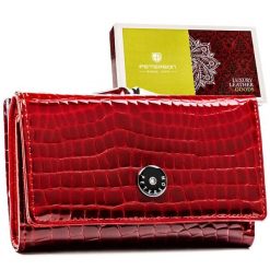 Czerwony portfel damski ze skóry naturalnej zamykany na zatrzask i bigiel - Peterson. Czerwone portfele Peterson, bez wzorów, z lakierowanej skóry. Za 119.99 zł.