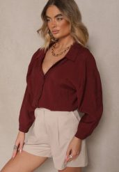 Bordowa Koszula z Modalem o Fasonie Oversize Adavelle. Czerwone koszule Renee, bez wzorów, z jeansu, eleganckie, bez kołnierzyka, bez ramiączek. W wyprzedaży za 91.99 zł.