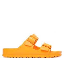 Klapki Birkenstock. Brązowe klapki Birkenstock, bez wzorów, bez obcasa, bez zapięcia. Za 249.99 zł.