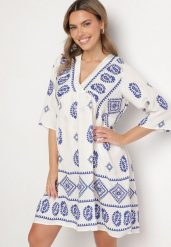 Niebiesko-Biała Wiskozowa Sukienka ze Wzorem Boho Frisana. Niebieskie sukienki Born2be, na co dzień, l, bez wzorów, z materiału, boho, bez kołnierzyka, bez ramiączek, midi. Za 89.99 zł.