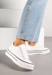 Białe Casualowe Trampki na Niskiej Platformie Natirinne. Białe trampki Renee, bez wzorów, z jeansu, eleganckie, bez zapięcia. W wyprzedaży za 63.99 zł.