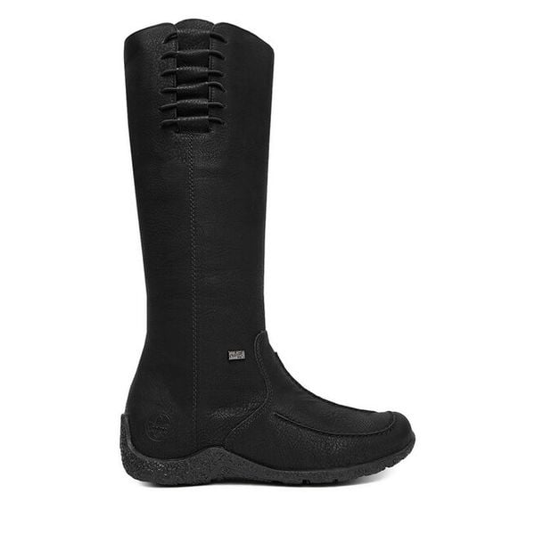 Kozaki Rieker. Czarne kozaki Rieker, bez wzorów, bez obcasa, na płaskiej podeszwie, bez zapięcia. Za 309.99 zł.
