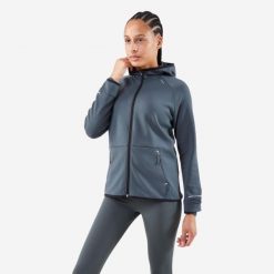 Bluza do biegania damska Kiprun Run 500 Warm ocieplana. Zielone bluzy KIPRUN, xs, bez wzorów, z elastanu, sportowe, bez ramiączek, bez kaptura. Za 159.99 zł.