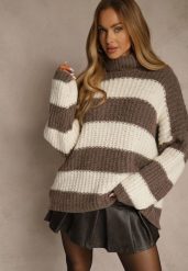 Brązowy Golf z Wiskozą i Wełną Ozdobiony Motywem Pasków Monorra. Brązowe swetry Renee, bez wzorów, z jeansu, bez ramiączek. Za 169.99 zł.