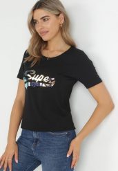 Czarny Bawełniany T-shirt z Napisem Etith. Czarne t-shirty Born2be, l, bez wzorów, z bawełny, bez kołnierzyka, bez ramiączek. W wyprzedaży za 47.99 zł.