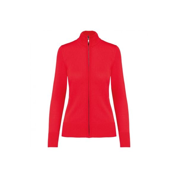 Damski kardigan zapinany na zamek Kariban. Czerwone swetry KARIBAN, bez wzorów, eleganckie, bez ramiączek. W wyprzedaży za 154.00 zł.