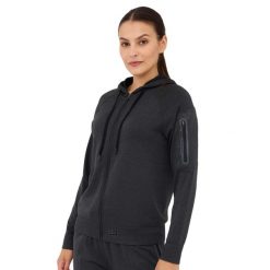 Bluza damska wełniana z kapturem Brubeck OUTDOOR MERINO. Szare bluzy Brubeck, xl, bez wzorów, z elastanu, eleganckie, bez ramiączek, z kapturem. Za 399.00 zł.