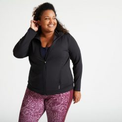 Bluza na zamek damska Domyos fitness. Czarne bluzy DOMYOS, xl, bez wzorów, z elastanu, bez kaptura, na fitness i siłownię. Za 89.99 zł.