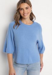 Niebieski Sweter z Wełną i Krótszym Rękawem Dannalie. Niebieskie swetry Born2be, uniwersalny, bez wzorów, z jeansu, eleganckie, bez ramiączek. W wyprzedaży za 144.49 zł.