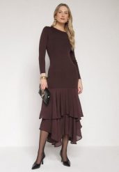 Brązowa Sukienka z Wiskozą o Dopasowanym Kroju z Falbanami u Dołu Vebmara. Brązowe sukienki Born2be, na randkę, m, bez wzorów, z materiału, eleganckie, bez kołnierzyka, bez ramiączek, dopasowane. Za 169.99 zł.